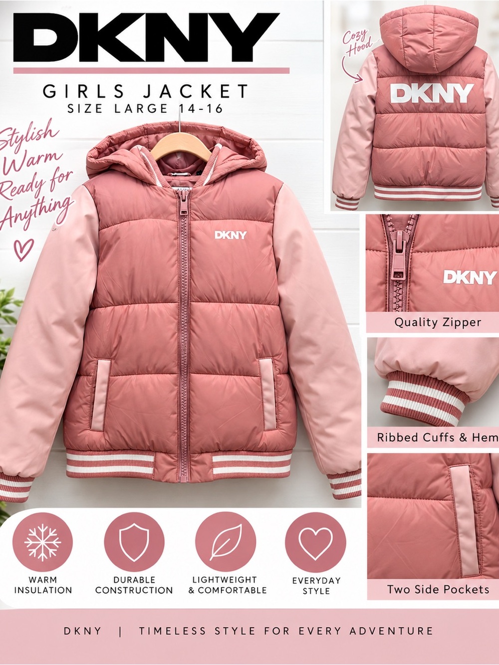 DKNY Girls Two-Tone Dusty Pink Puffer Jacket with Hood